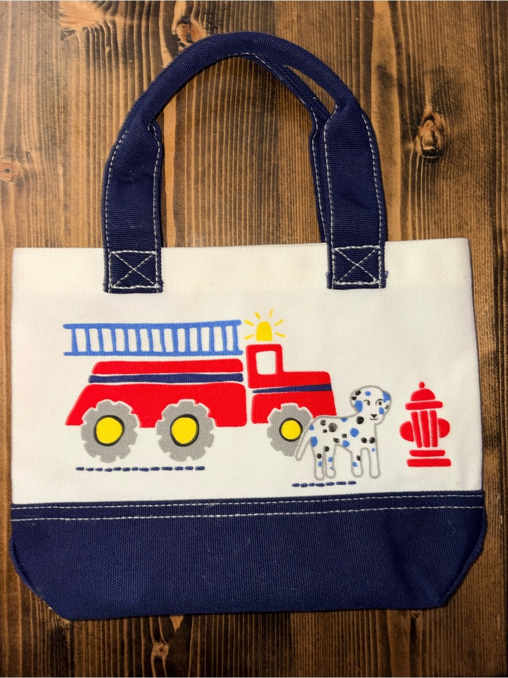 Pottery Barn Kids Navy White Firetruck & Dalmatian Tote canvas